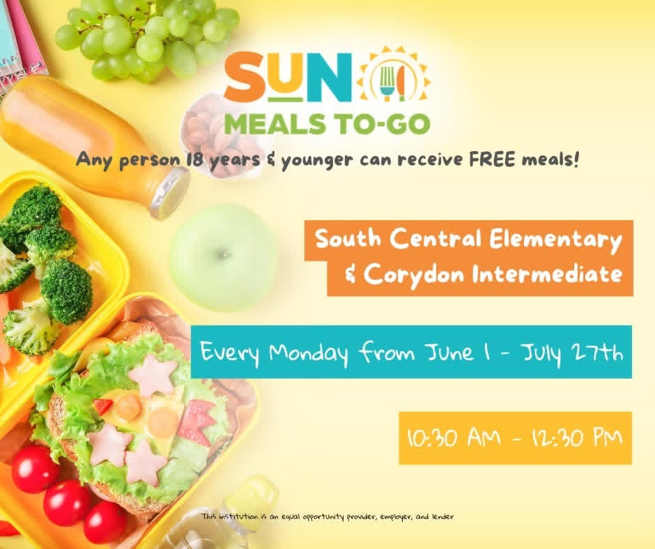 summer_food - Lanesville Community Schools - Lanesville Community Schools Sun Meals To-Go flyer: promotes free meals for ages 18 and under, with school details and schedule visuals.