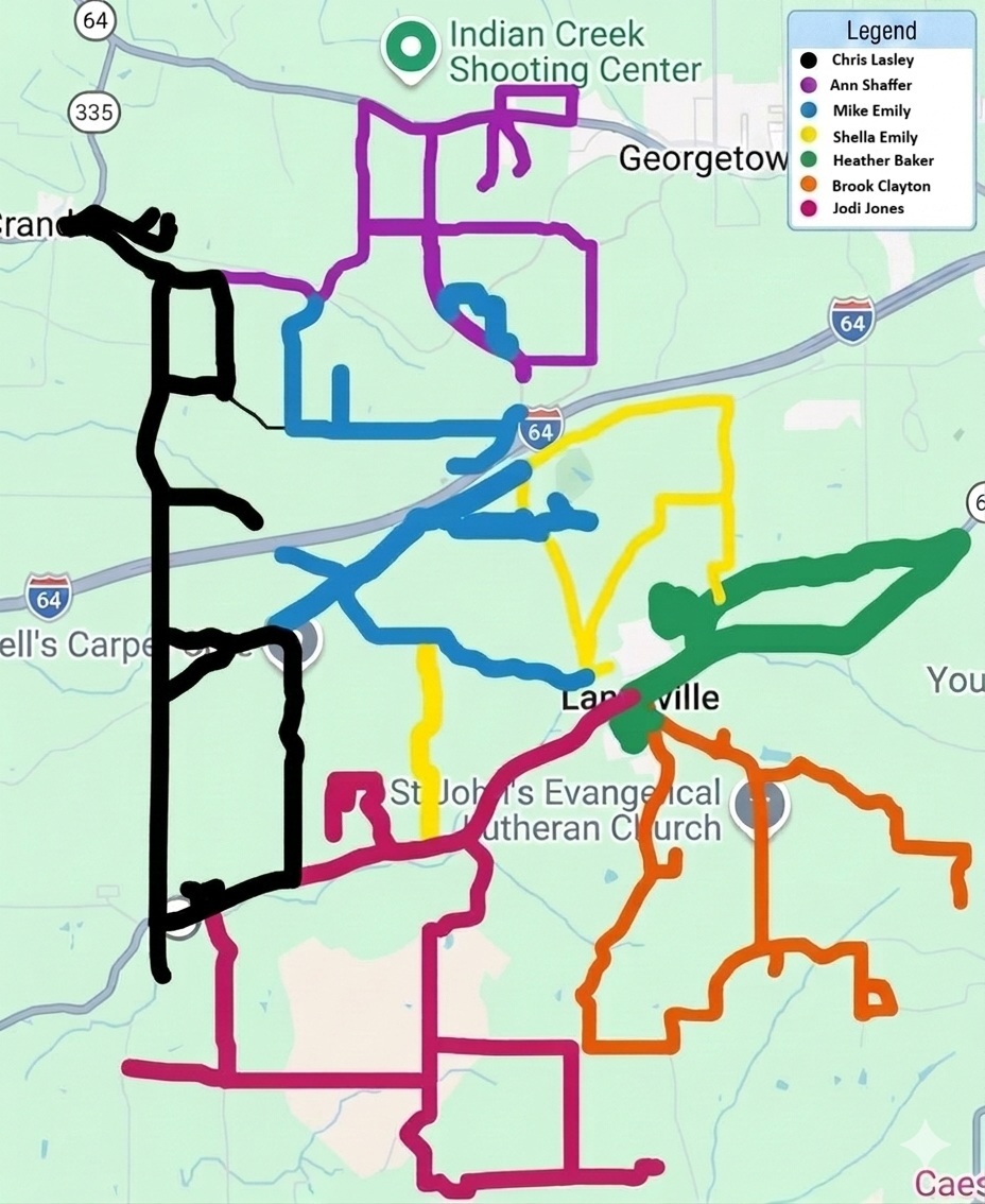 Map with multiple color-coded trails around Langville and St. John's Evangelical Lutheran Church; legend shows which color matches which person.